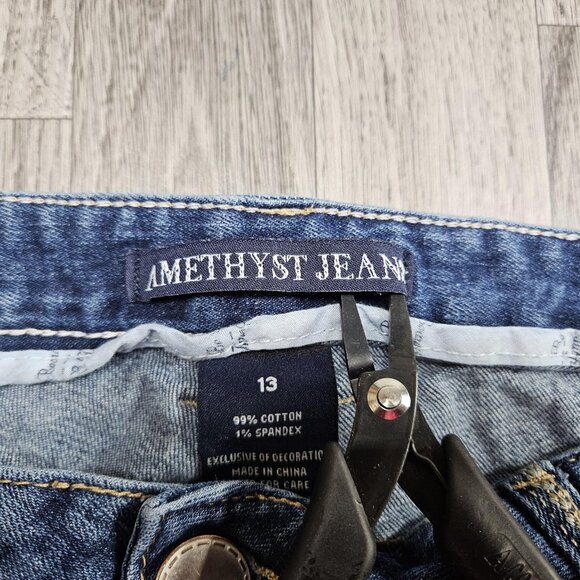 Amethyst Jeans Womens Jeans 13 Blue Distressed Skinny Button Fly Embellished - Picture 6 of 11